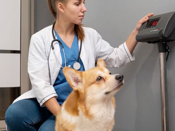 chien sur une balance vétérinaire