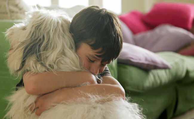 Un garçon et un chien se font un câlin