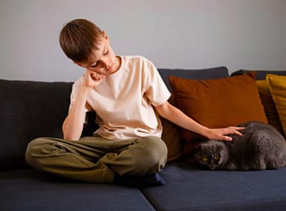 Chat epileptique caressé par un enfant