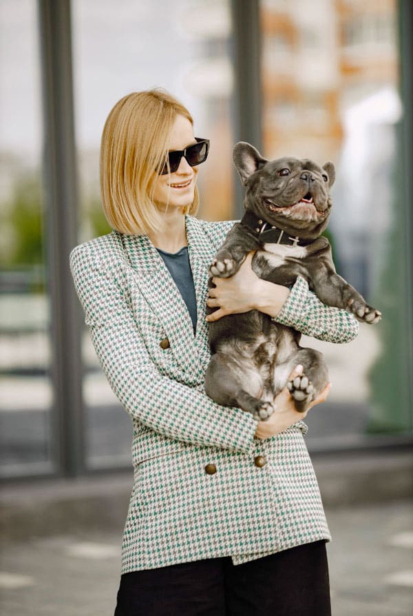 Chien type Bouledogue Français avec sa propriétaire