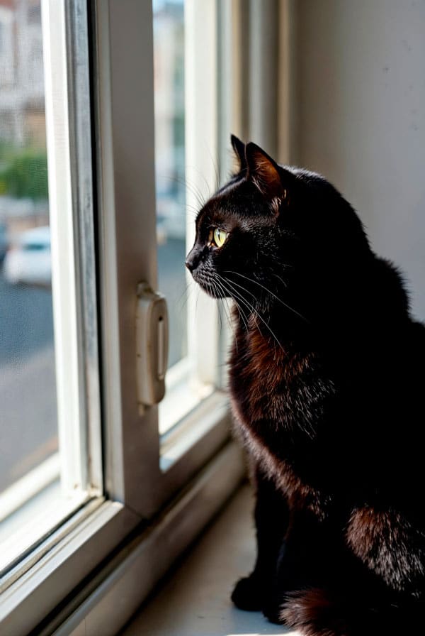 Chat noir assis regardant par la fenêtre