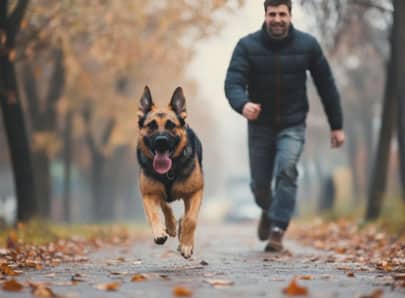 image mise en avant chien qui court en forêt à côté de son propriétaire