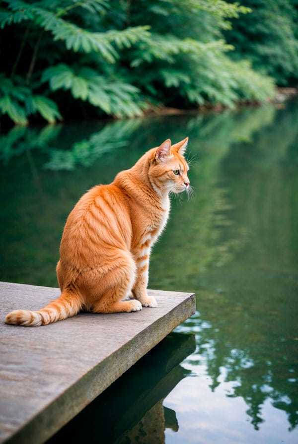 Chat au bord d'un étang
