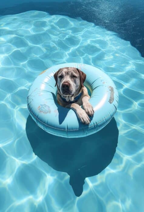 Chien dans une bouée à la piscine