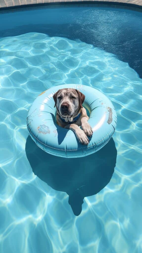 Chien dans une bouée à la piscine