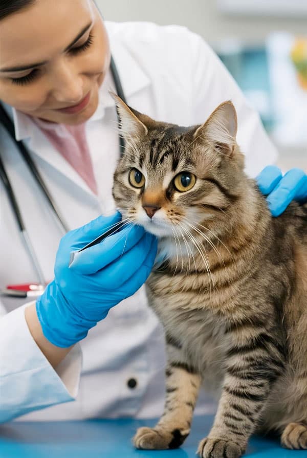 Chat qui se fait vermifuger chez le vétérinaire