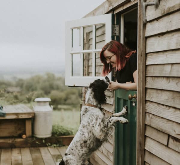 Femme qui joue avec son chien à côté d'une cabane