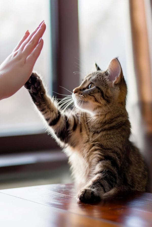 Chat qui donne la patte à son propriétaire
