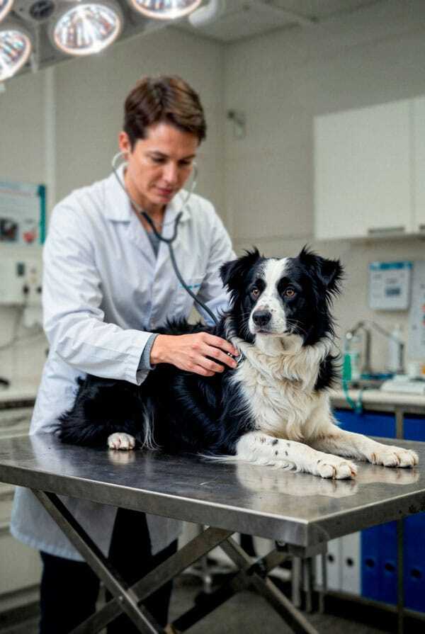 Chien chez le vétérinaire pour une urétrostomie