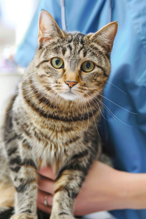 chat gris-beige chez le vétérinaire pour un bilan