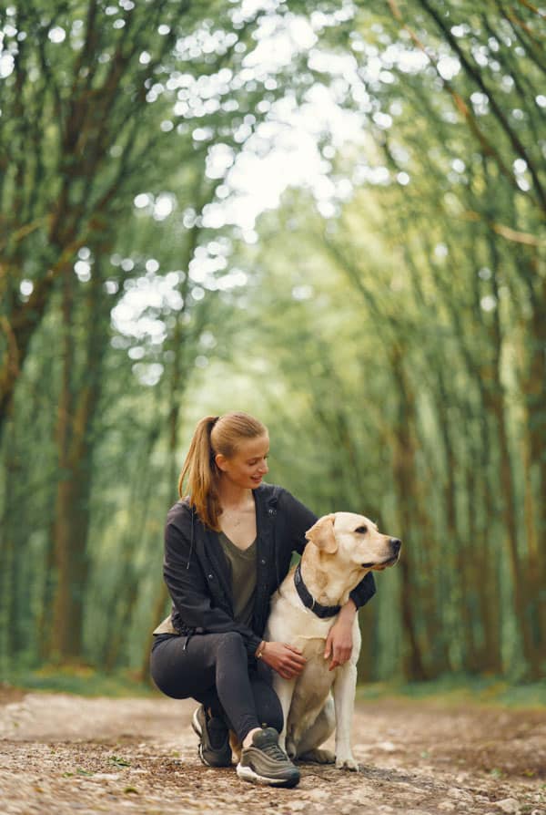 Un chien et sa propriétaire en balade en forêt, course à pied
